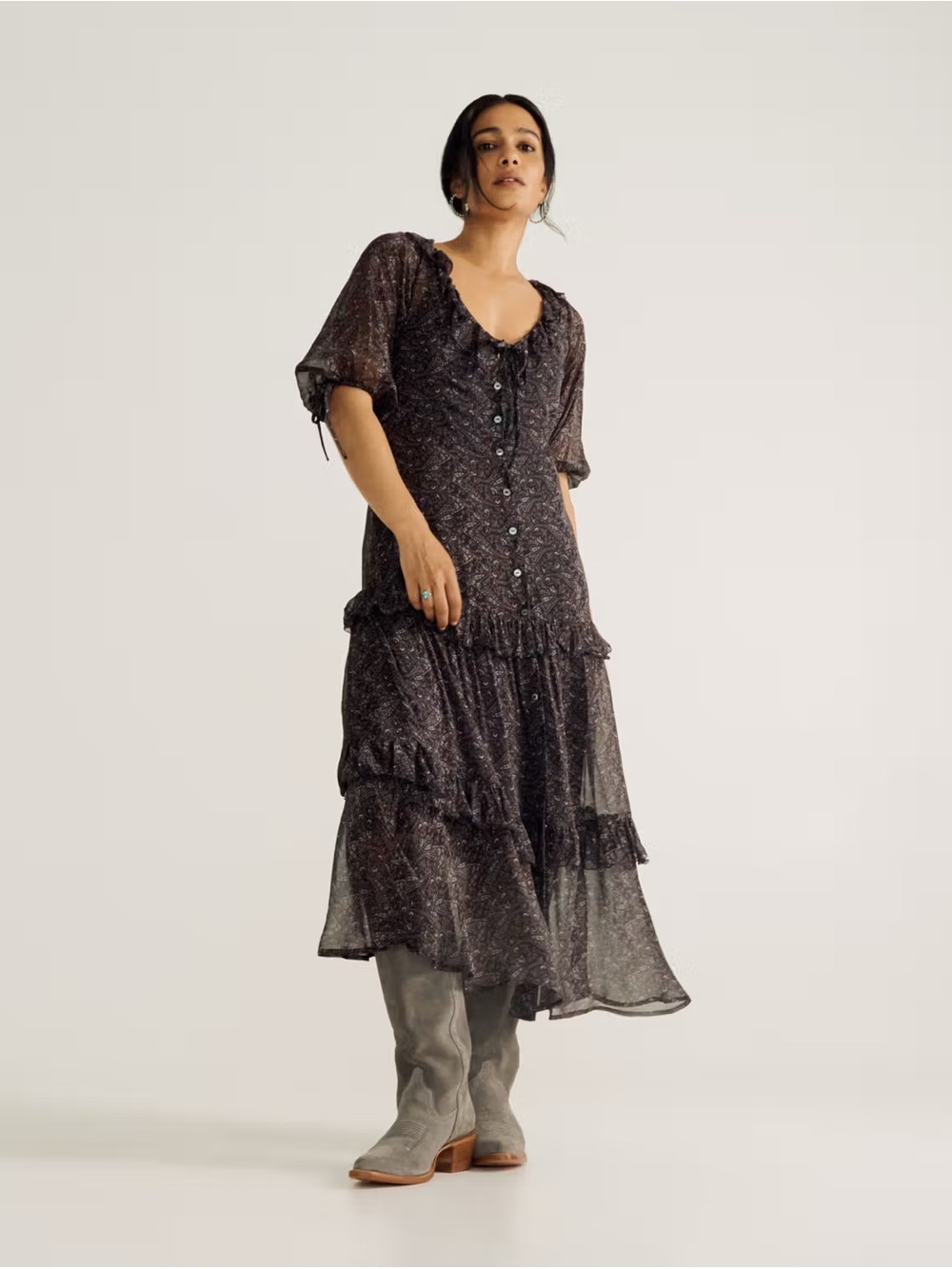 Tecovas Dark Charcoal Printed Ruffle Tiered Maxi Dress